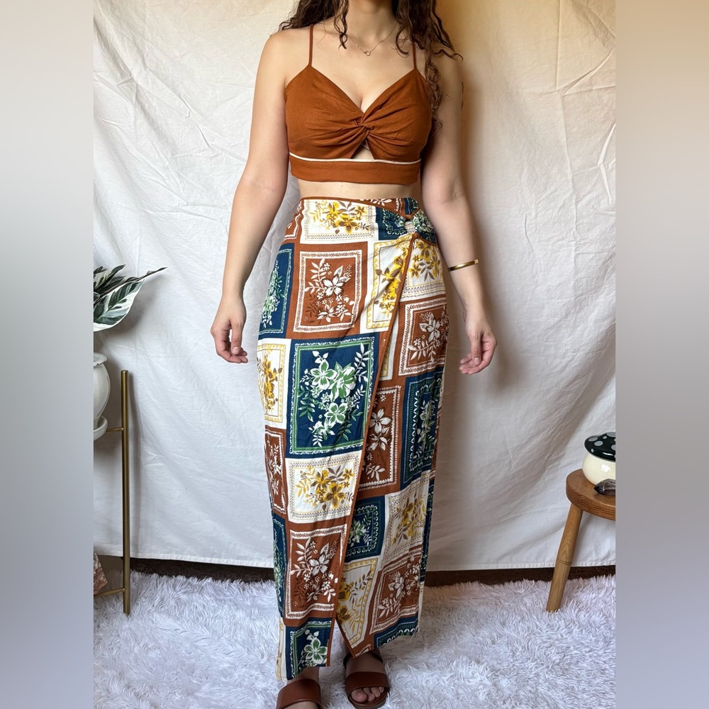 House of Harlow 1960 Patchwork Maxi Skirt in Brown, Blue, and Cream